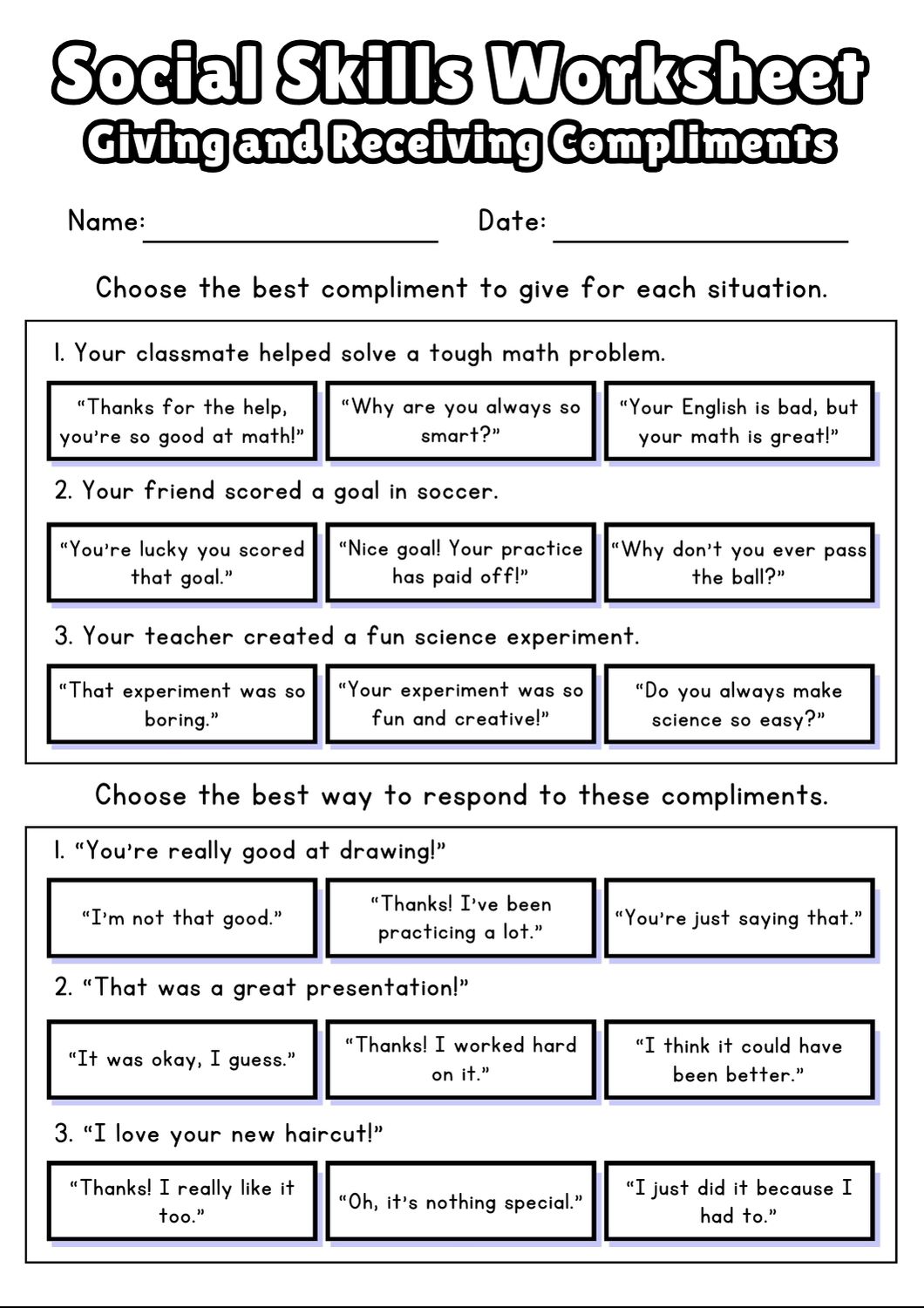 social skills worksheet