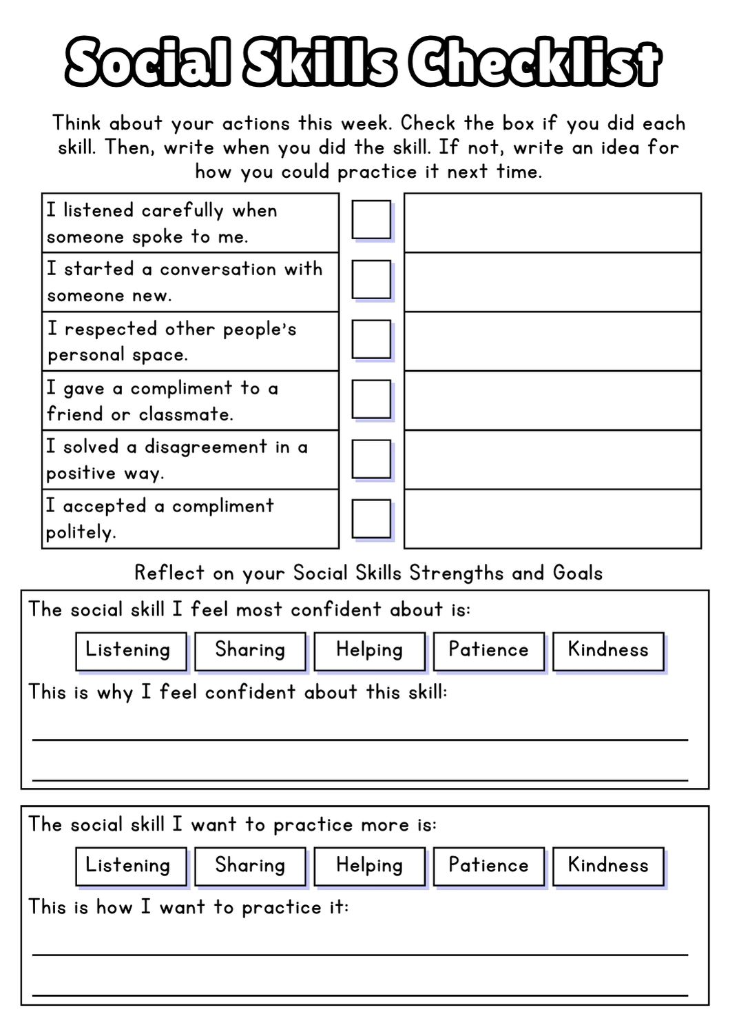 social skills worksheet