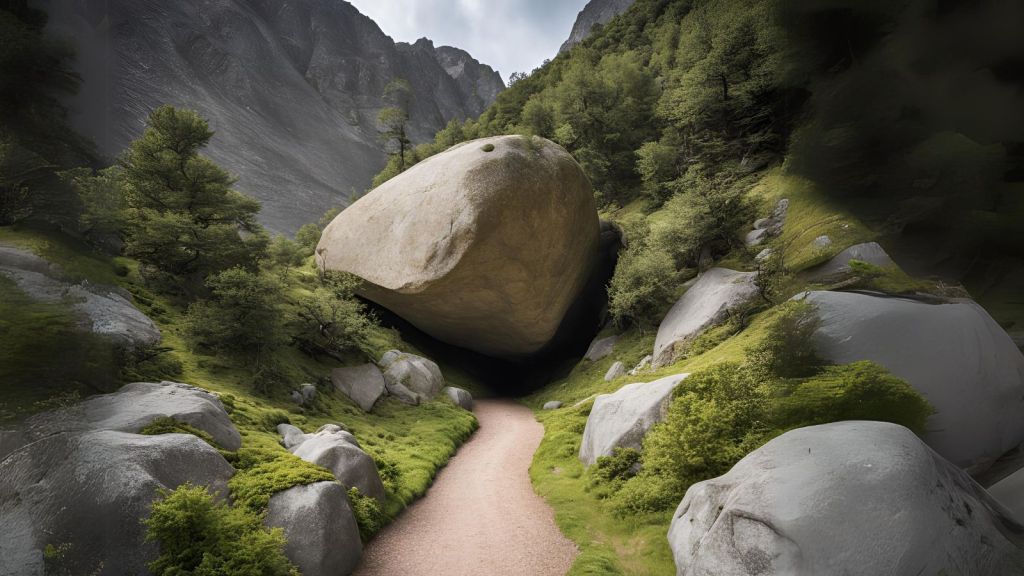 AI image of a boulder blocking a pathway forward