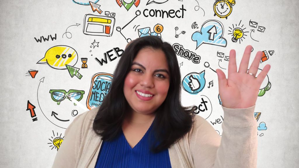 Jennifer van Alstyne waves at the camera. Behind her are icons that represent social media, technology, and being online.