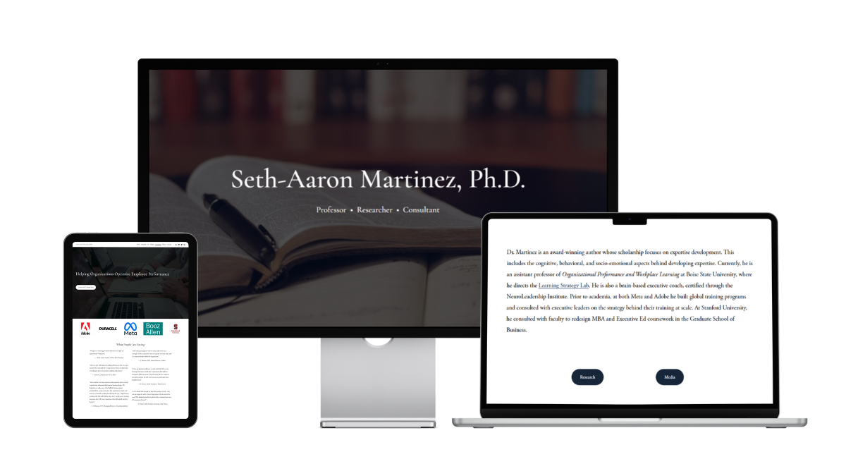 Dr. Seth-Aaron Martinez' personal academic website on a tablet, desktop, and laptop screen