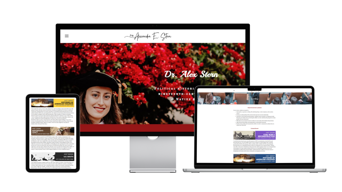 Dr. Alex E. Stern's personal website on tablet, desktop, and laptop screens
