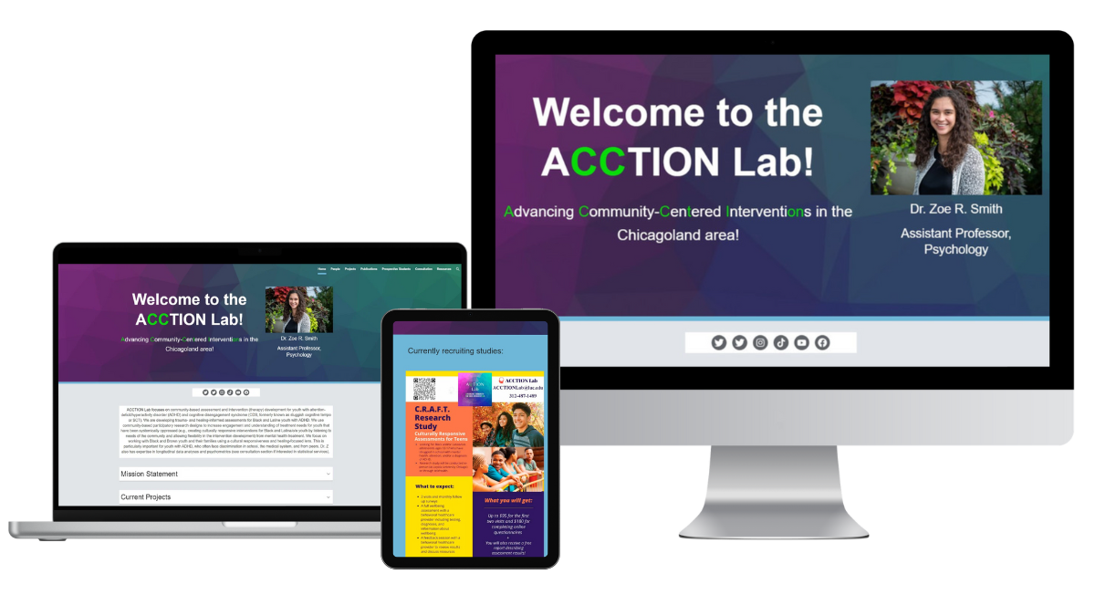 Screenshot of the ACCTION Lab Website directed by Dr. Zoe R. Smith on laptop, tablet, and desktop screens