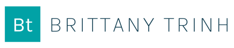 Brittany Trinh logo. There is a teal square with the letters "Bt" kind of like a periodic table of elements symbol. Next to it are letters that spell out Brittany Trinh in all caps.