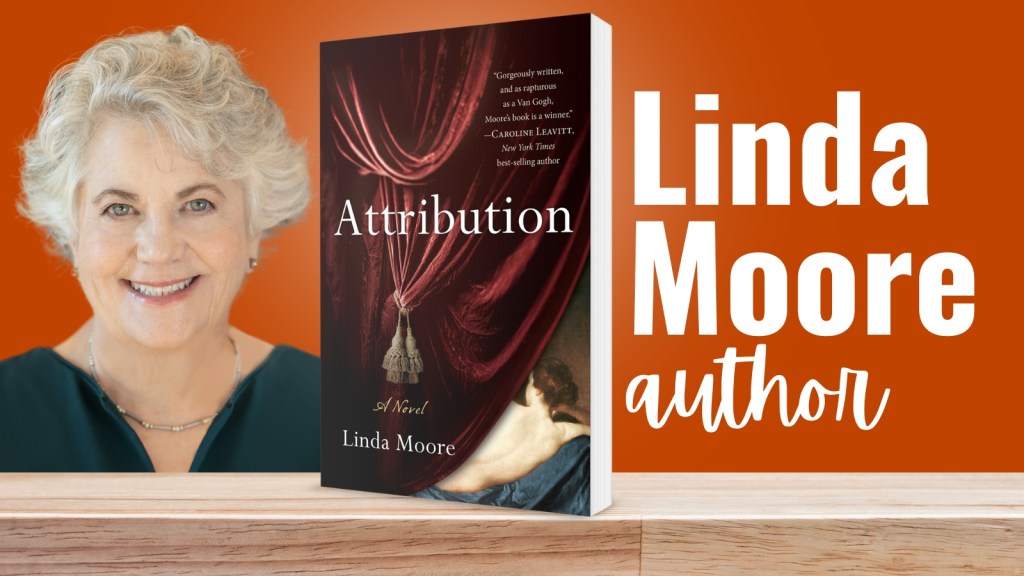 Linda Moore, author. A photo of Linda with her book, Attribution.