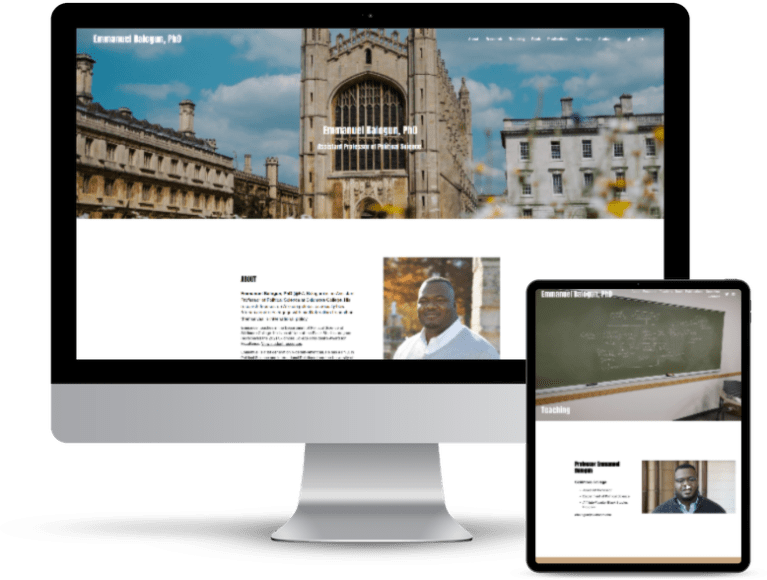A screenshot of Dr. Emmanuel Balogun's website on desktop and tablet screens.