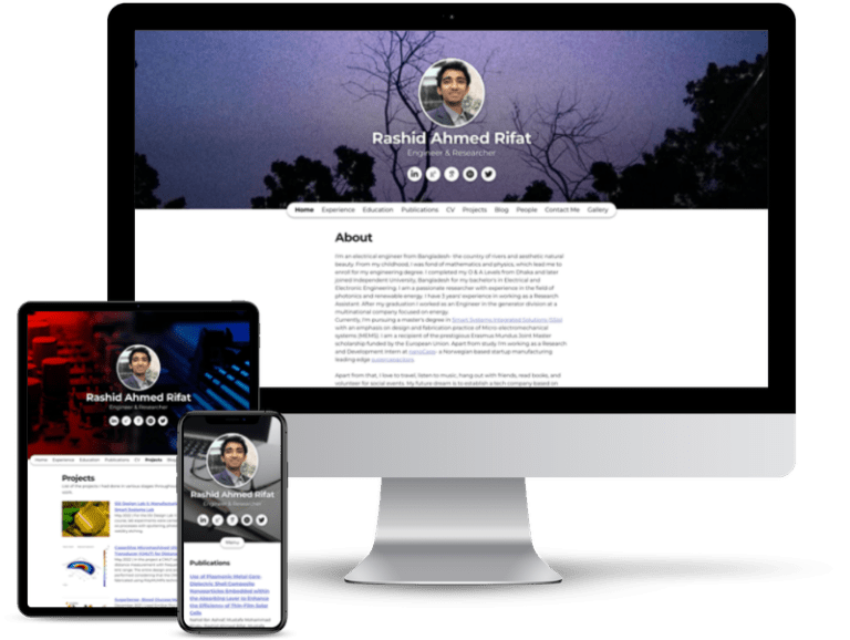 Rashid Ahmed Rifat's website on desktop screen, tablet, and mobile.