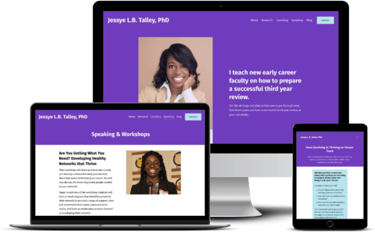 Dr. Jessye L.B. Talley's personal academic website on desktop, laptop, and tablet screens.