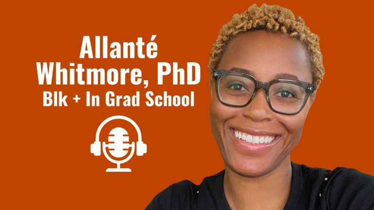 A graphic with a headshot of Allanté Whitmore, PhD of Blk + In Grad School for her podcast appearance on The Social Academic