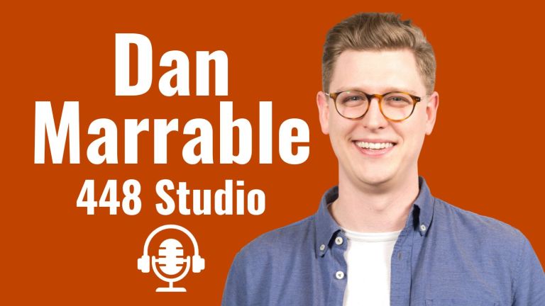 A graphic for Dan Marrable founder of 448 Studio's interview on The Social Academic blog. Included is a photo of Dan smiling wearing a blue button down shirt over a white tshirt, and brown glasses.