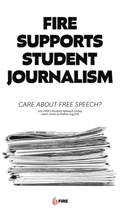 FIRE's advertisement in the first issue of the Retrograde student newspaper at UT Dallas. The headline reads: "FIRE Supports Student Journalism"