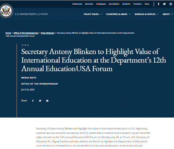 U.S. Secretary of State & U.S. Secretary of Education to Address 12th Annual EducationUSA Forum on July 26, 2021