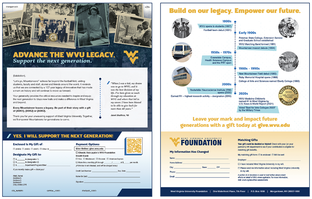 West Virginia University FYE donor campaign