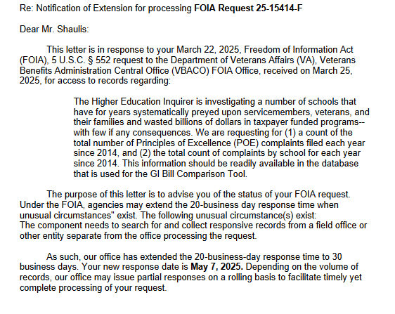 Department of Veterans Affairs Delays Answering Questions on GI Bill Complaints
