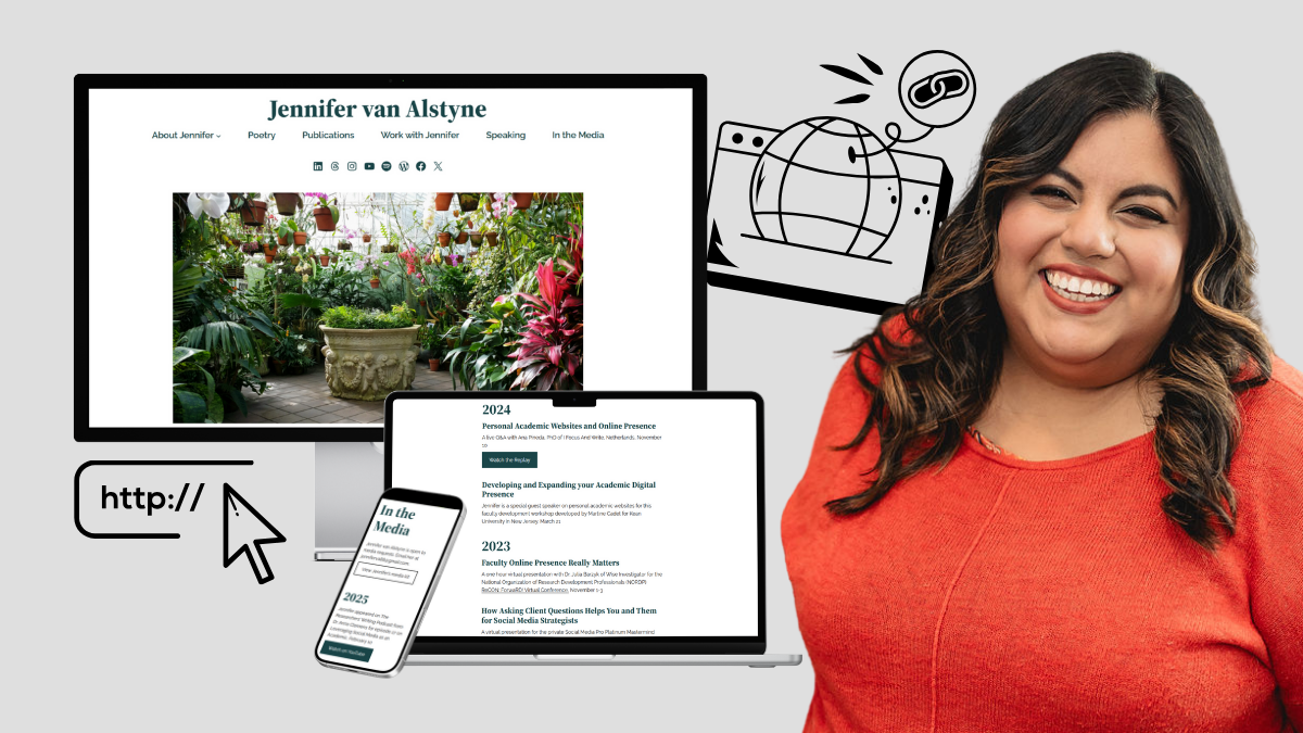 Jennifer van Alstyne and her personal academic website on desktop, laptop, and phone screens.