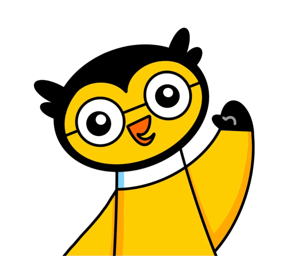 Owlstown mascot, a yellow owl with glasses waving