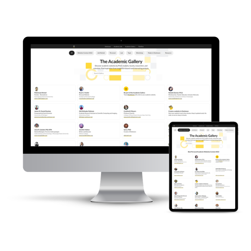 Screenshots of The Academic Gallery from Owlstown on a desktop monitor and tablet screen