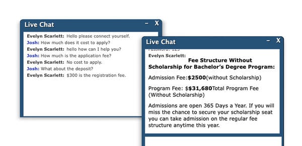 A screenshot of chat messages between reporter Josh and someone calling herself Evelyn Scarlett.
