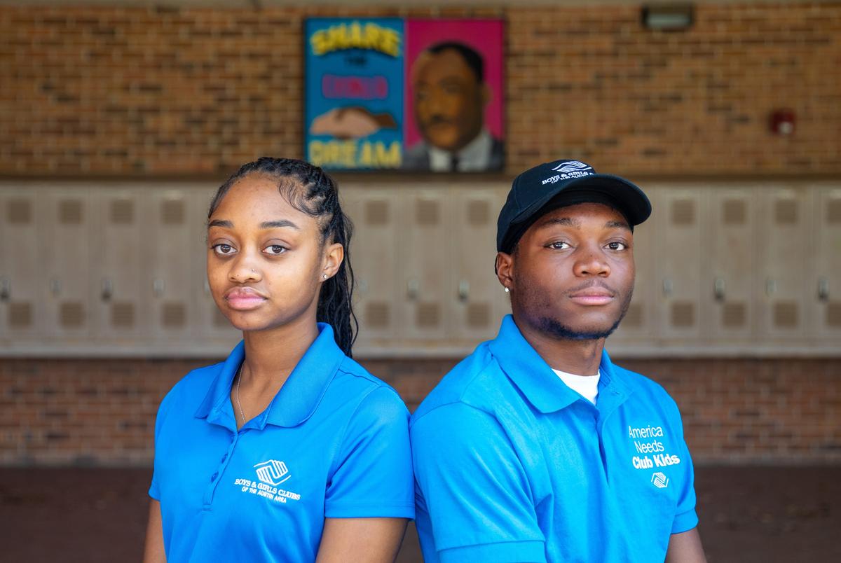 Boys & Girls Club members Na’Siah Martin, 18, and H’Sanii Blankenship, 17, (left to right) at Navarro Early College High School in Austin, Texas on July 22, 2025. Photo by Montinique Monroe for the Texas Tribune