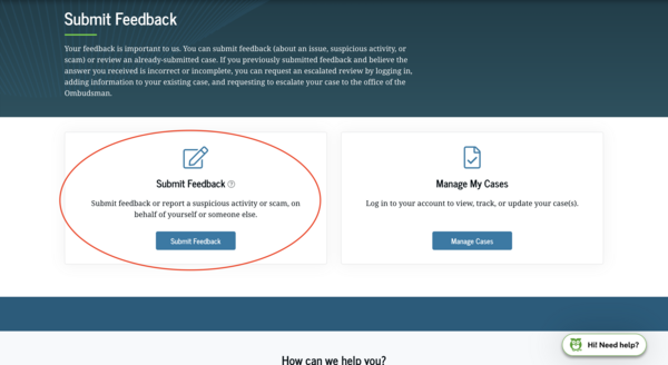 Step four of FSA complaint process, select submit feedback