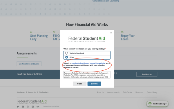 Step three of FSA complaint process, click complaint about issues beyond website