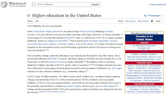 Wikipedia on US Higher Education Nearly Abandoned