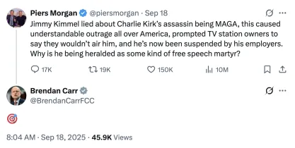 Brendan Carr responds to a Piers Morgan post on X claiming Jimmy Kimmel lied about Charlie Kirk with a dart hitting a bullseye