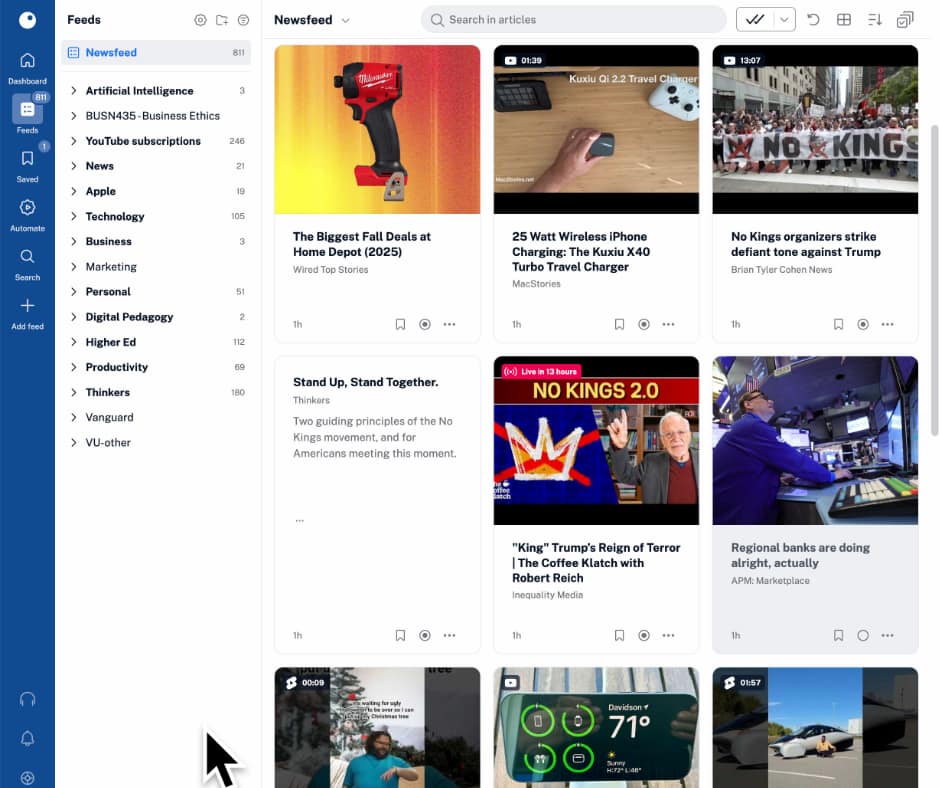 Screenshot of the Inoreader RSS website with folders on the left (AI, YouTube, News, Personal, etc.) and images/headlines on the right. 