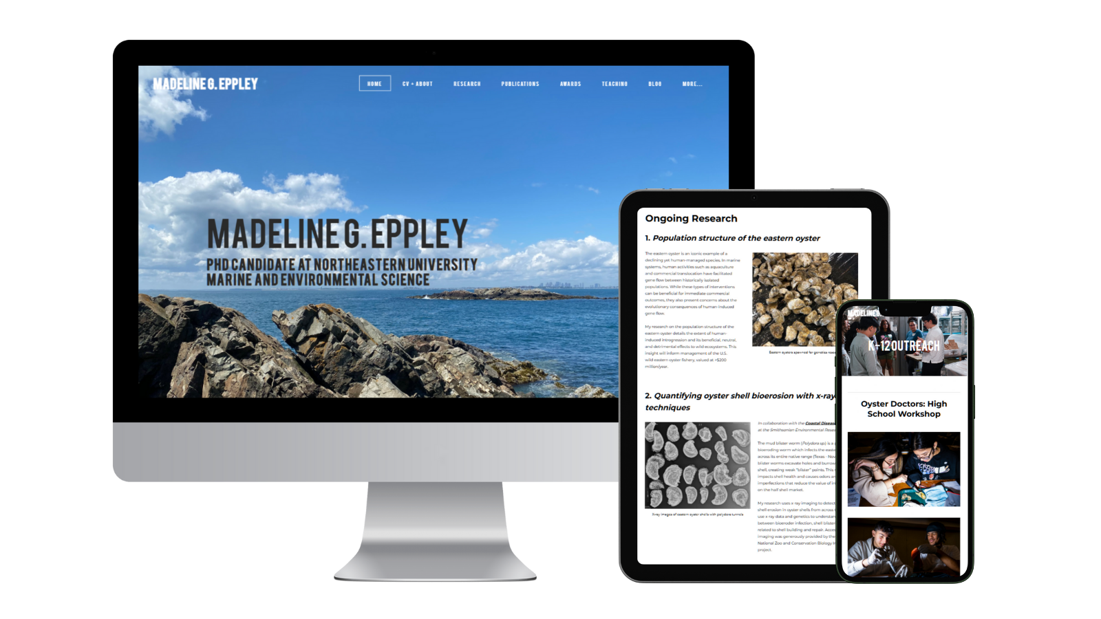 Madeline Eppley Website on Desktop (homepage), Tablet (Research page), and Mobile (Outreach page) screens
