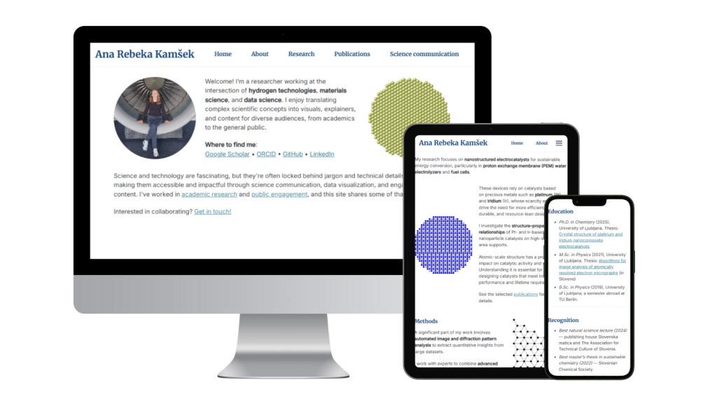 Ana Rebeka Kamšek science communication website on desktop, tablet, and mobile screens