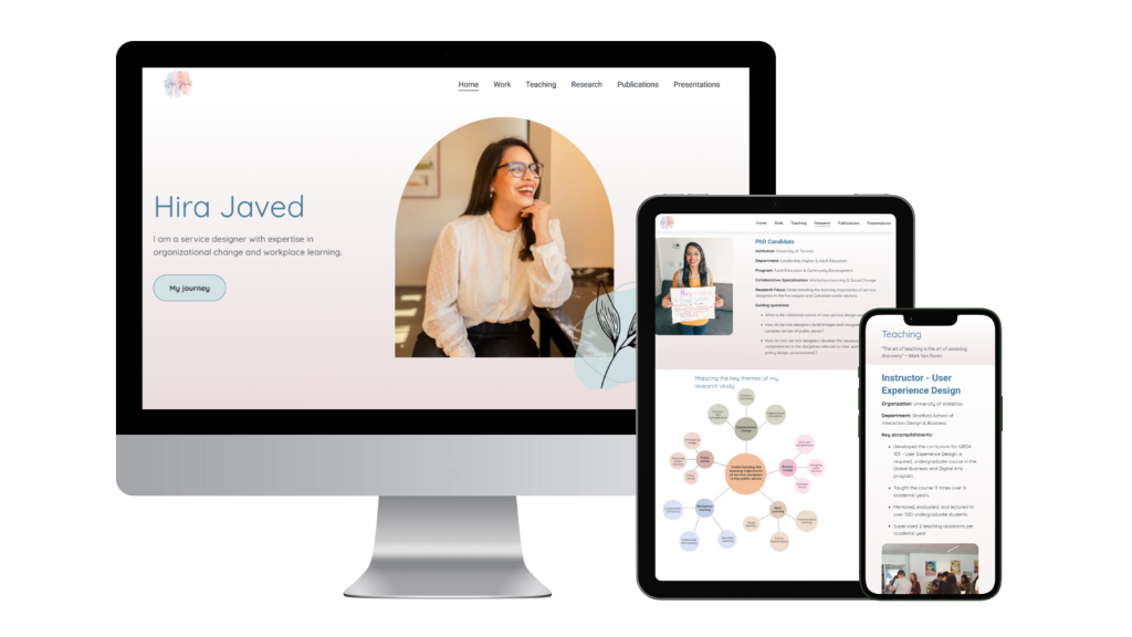 Hira Javid phd student website on desktop, tablet, and mobile screens