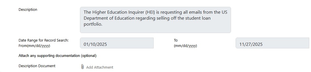The Higher Education Inquirer is requesting all emails from the US Department of Education regarding selling off the student loan portfolio.