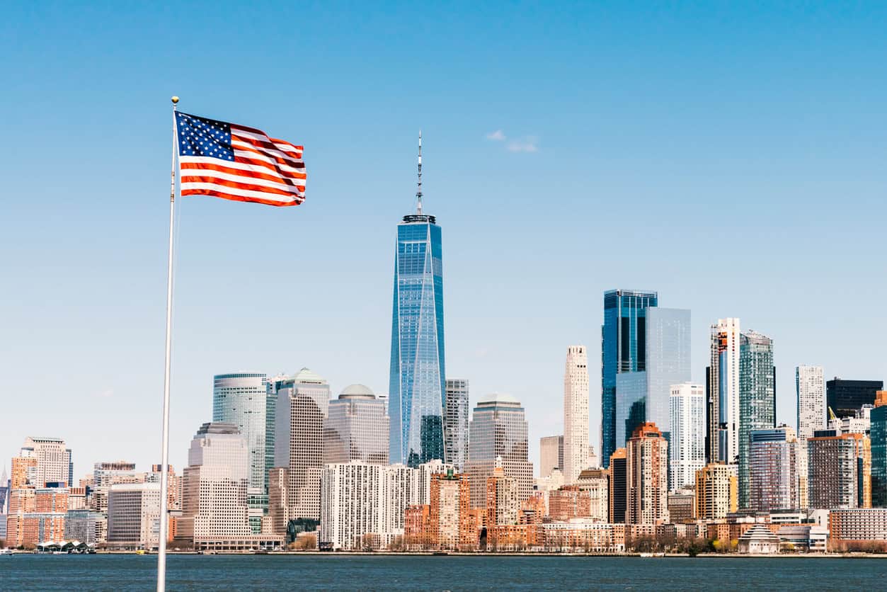 American flag and New York skyline.