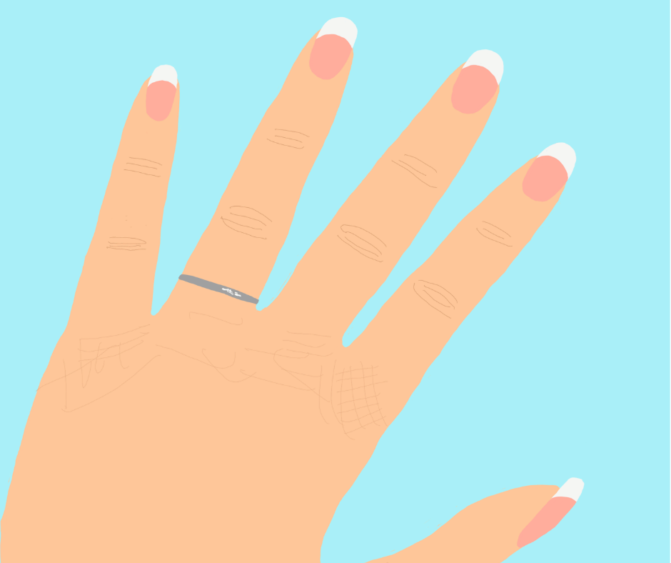 Tracing of a woman's hand, with a silver wedding band on the ring finger