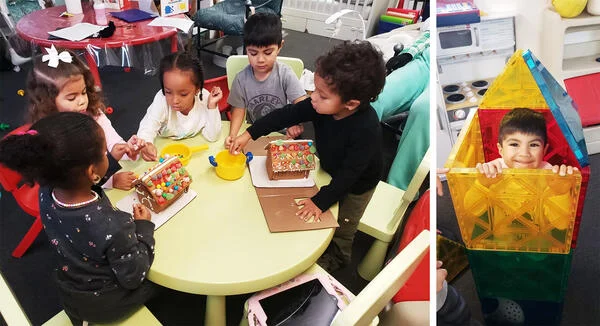 In the photo on the left, five young children are gathered around a table with two gingerbread houses decorated with candy. On the right, a small boy is inside a structure made of giant Magnatiles.