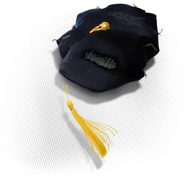 A tattered doctoral graduation hat with the tassel cut off and falling.