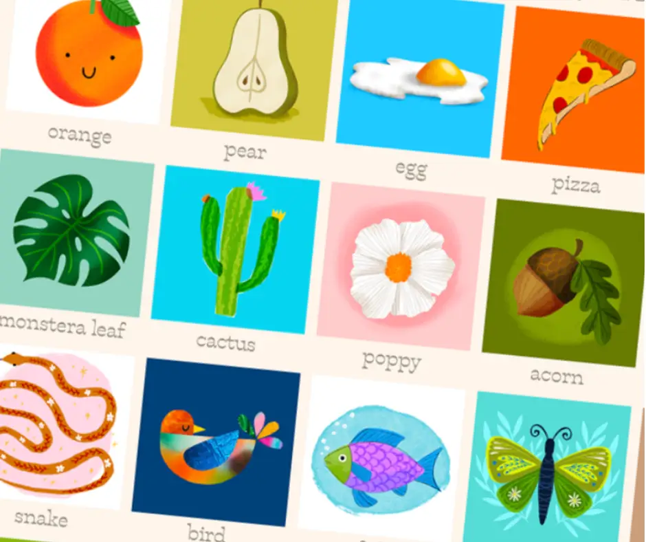 Grid of various colorful drawings using the Procreate app on the ipad, including an orange, pear, fried egg, pizza, plants, and a moth