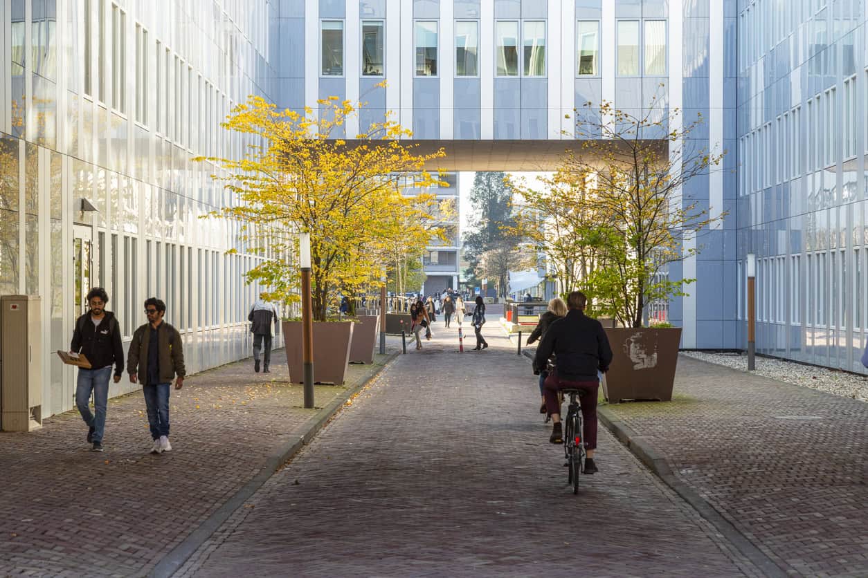 Students walking in Amsterdam university campus, the Netherlands.