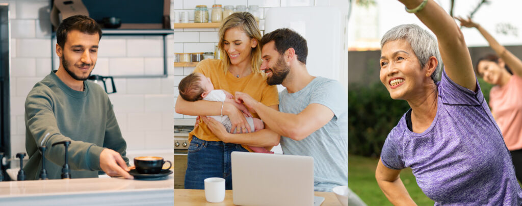 split shot of three adult learners doing every day things